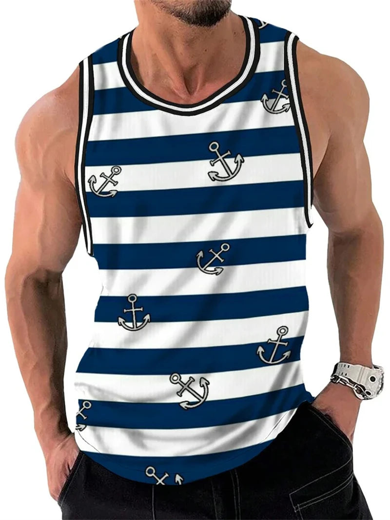 Mens Retro Stripe Graphic Tank Tops Fashion Summer Sleeveless Casual 3D Printed Vest Loose Quick Dry Breathable Tees Pullovers