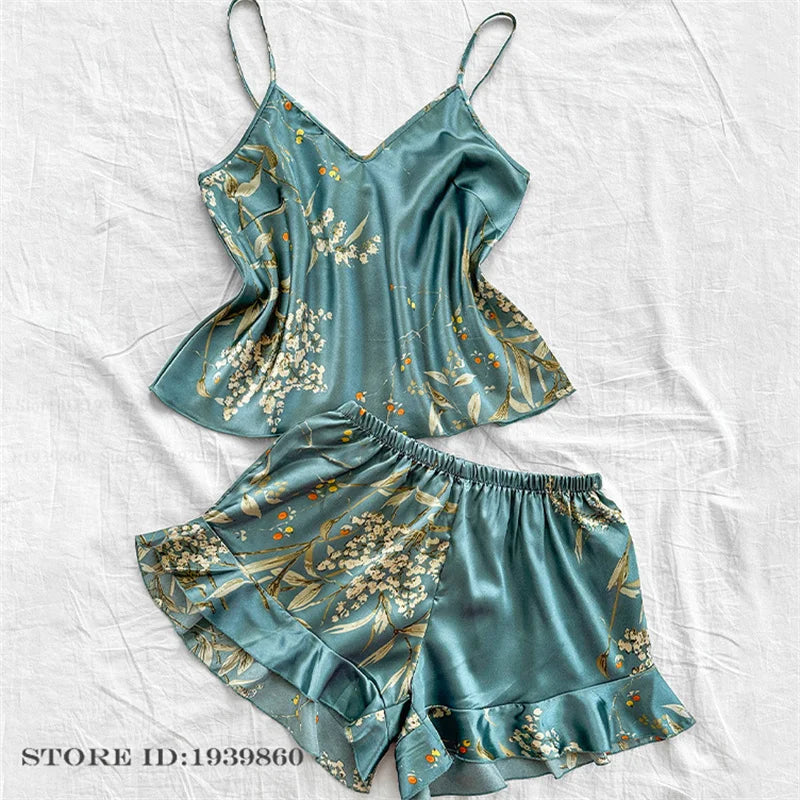 Plus Size 3XL 4XL 5XL Pigiama 2 pezzi Set cinturino sexy Top e pantaloncini Pigiama Completo Lingerie Estate Indumenti da notte in raso Stampa fiore Homewear