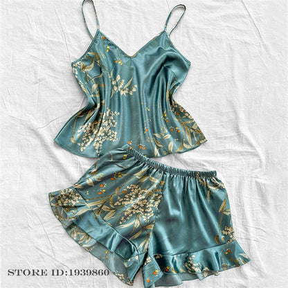 Plus Size 3XL 4XL 5XL Pigiama 2 pezzi Set cinturino sexy Top e pantaloncini Pigiama Completo Lingerie Estate Indumenti da notte in raso Stampa fiore Homewear