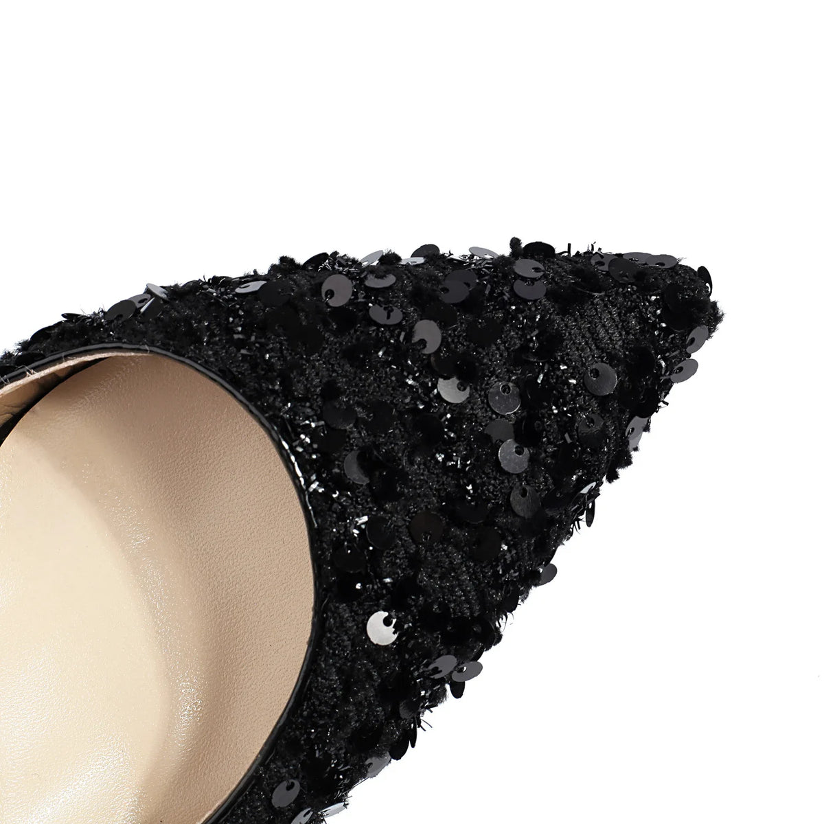 Sandali a punta neri con cinturino alla caviglia sexy per le donne Piattaforma estiva 15CM Scarpe eleganti da festa con paillettes lucide Tacchi alti vuoti laterali neri