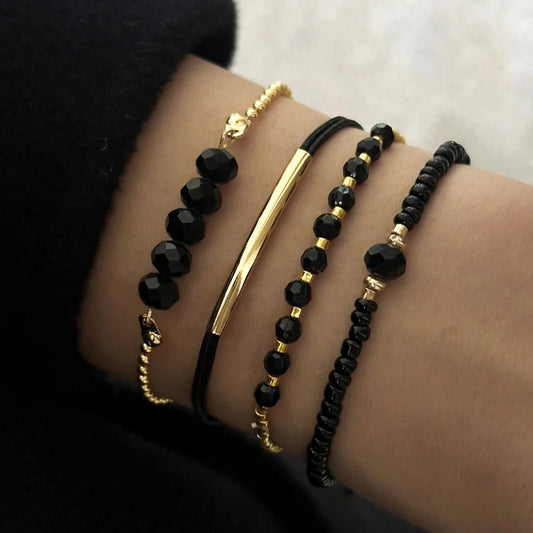 4 pièces/ensemble, bracelets tendance en pierre de verre noire pour femmes, bijoux bohèmes faits à la main