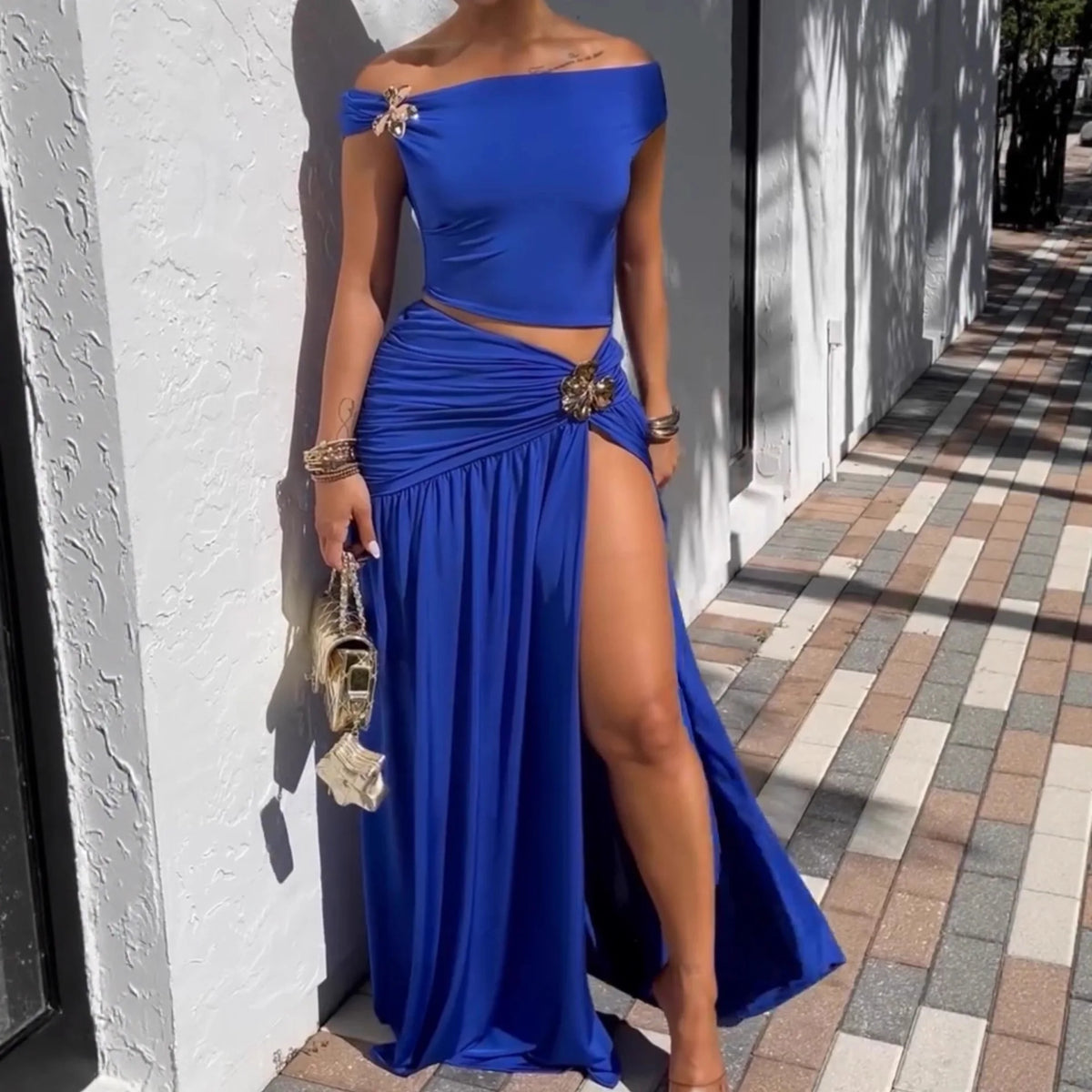 Ensemble Jupe d'été Femme Fleur en Métal Sexy Haut Court Épaules Dénudées Jupe Longue Fendue Ensembles de Jupes Mode sans Dos Plissés 2 Pièces