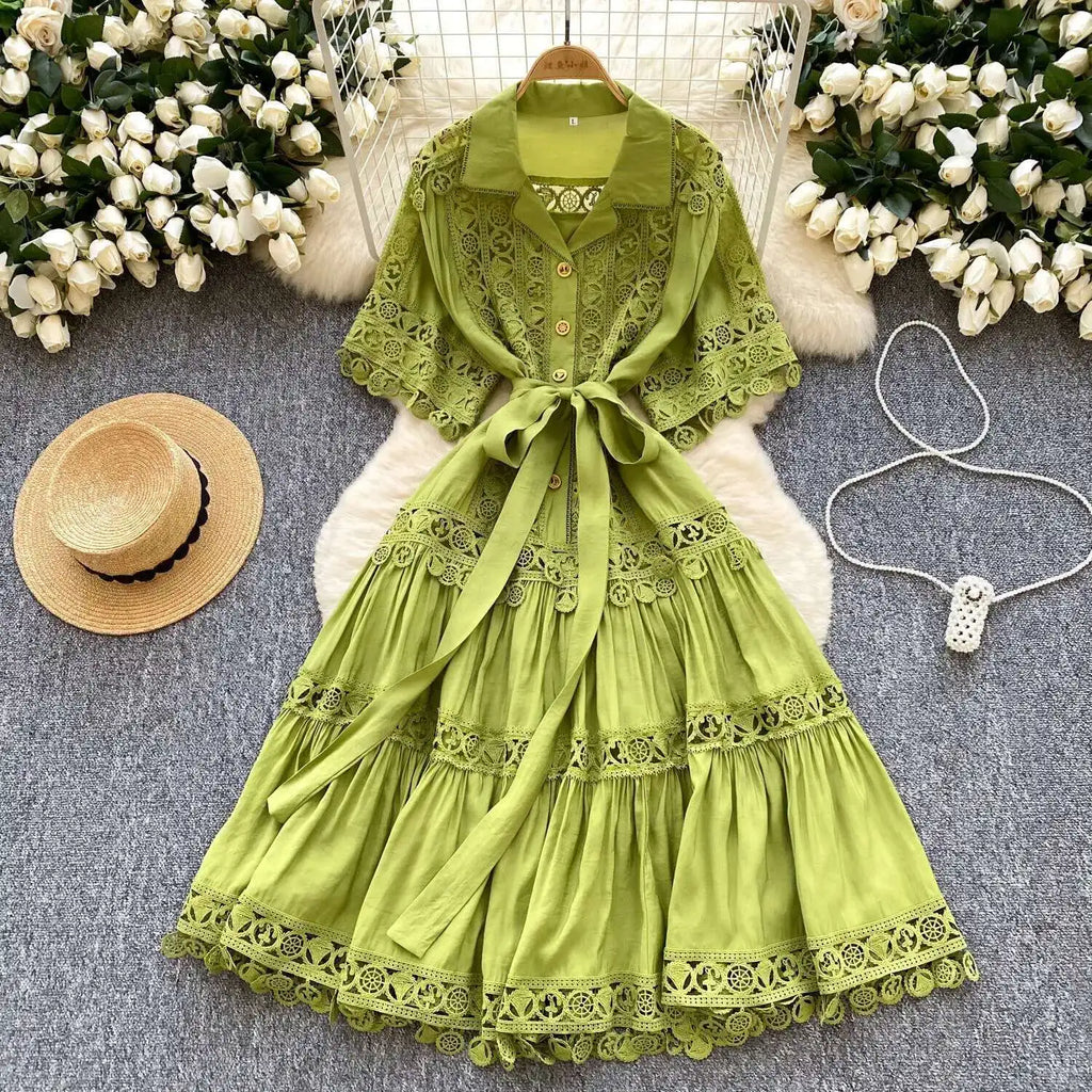 Abiti midi scavati di lusso Camicia da donna Vacanza estiva Elegante bottone monopetto Cintura in pizzo Ricamo Vestido lungo da festa