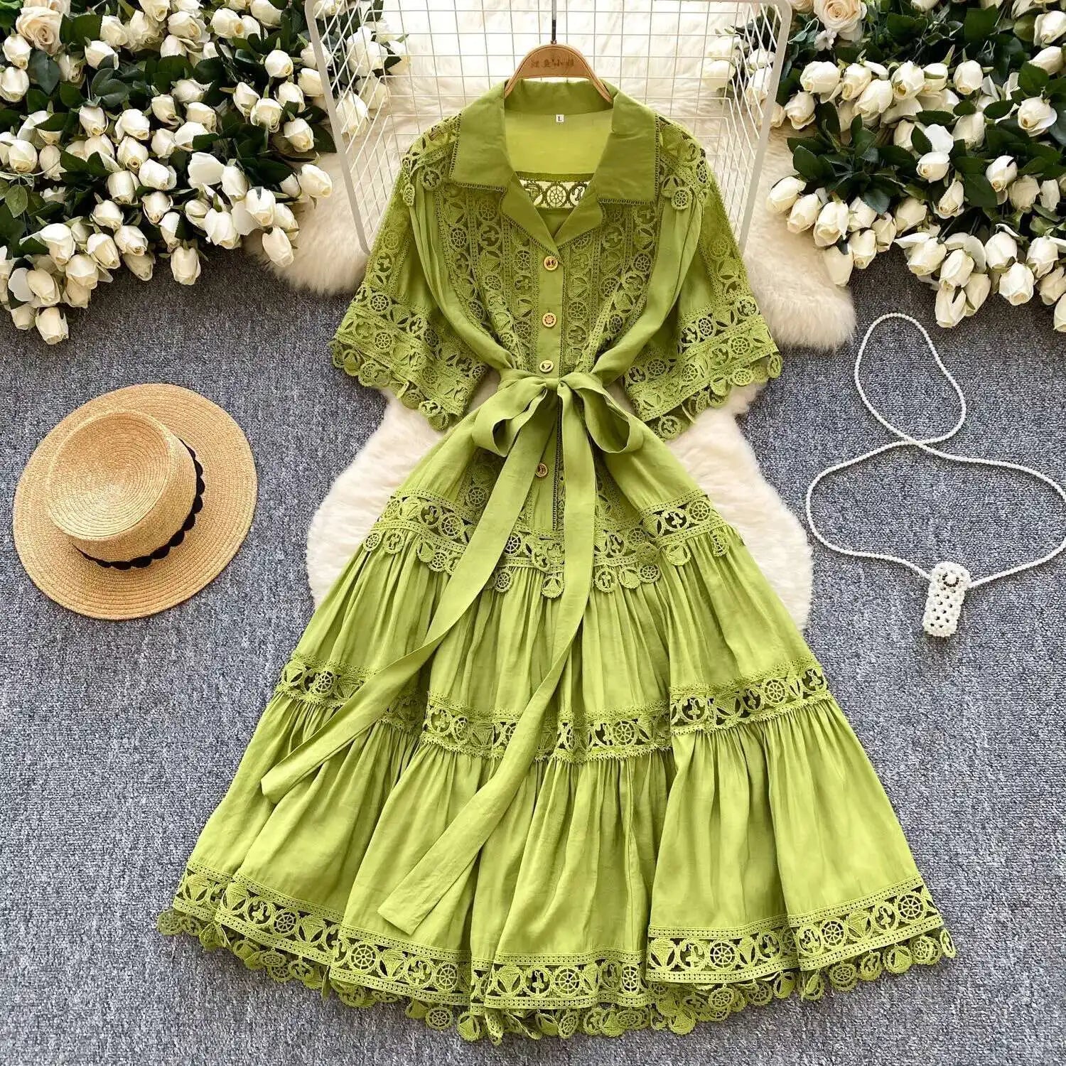 Abiti midi scavati di lusso Camicia da donna Vacanza estiva Elegante bottone monopetto Cintura in pizzo Ricamo Vestido lungo da festa