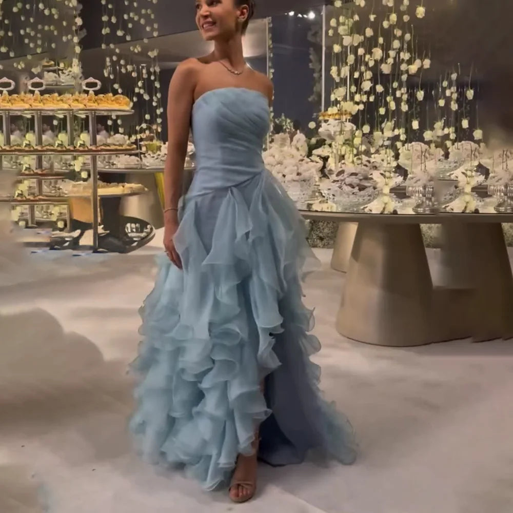 RFYR Abito da ballo blu cielo Abiti da festa da sera senza spalline Abito da spiaggia Lunghezza pavimento Vestido a strati Abiti da festa formali personalizzati