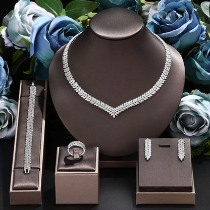 Zirkonia Brautschmuck-Set für Damen Dubai Saudi Hochzeit Halskette Ohrringe Armband Ring Set Ballabendkleid Party Schmuck