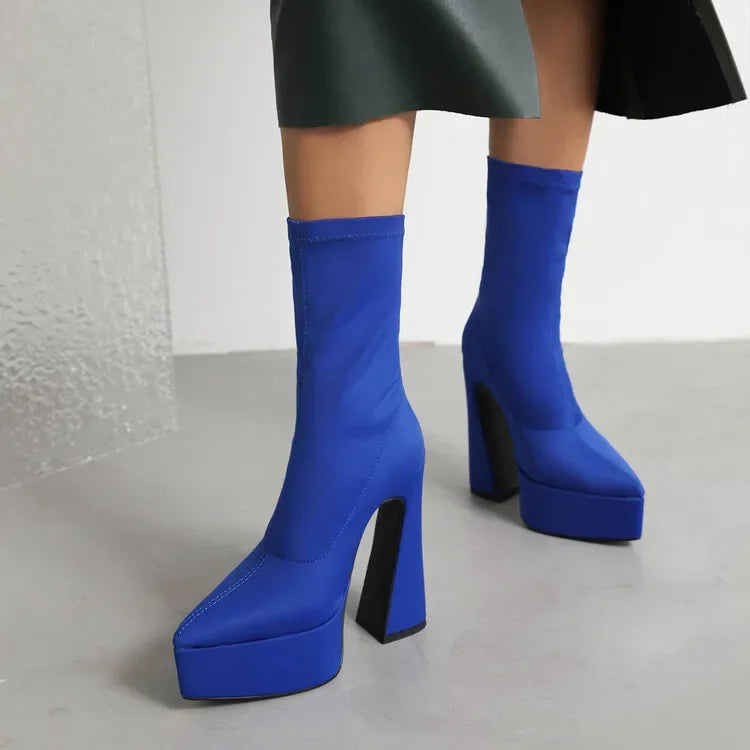 Denim Short Plush Boots Thick Bottom 15cm High Heel Pointed Elastic Size 34-45 Short Boots 2024 New Winter Women's Shoes