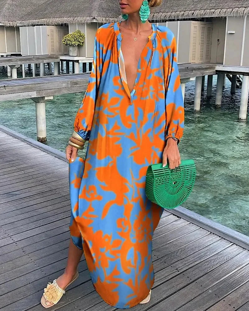 Abiti da donna eleganti 2023 Estate Casual Moda Stampa con scollo a V Allentato Retro Comodo abito maxi Abito femminile S-XXXL