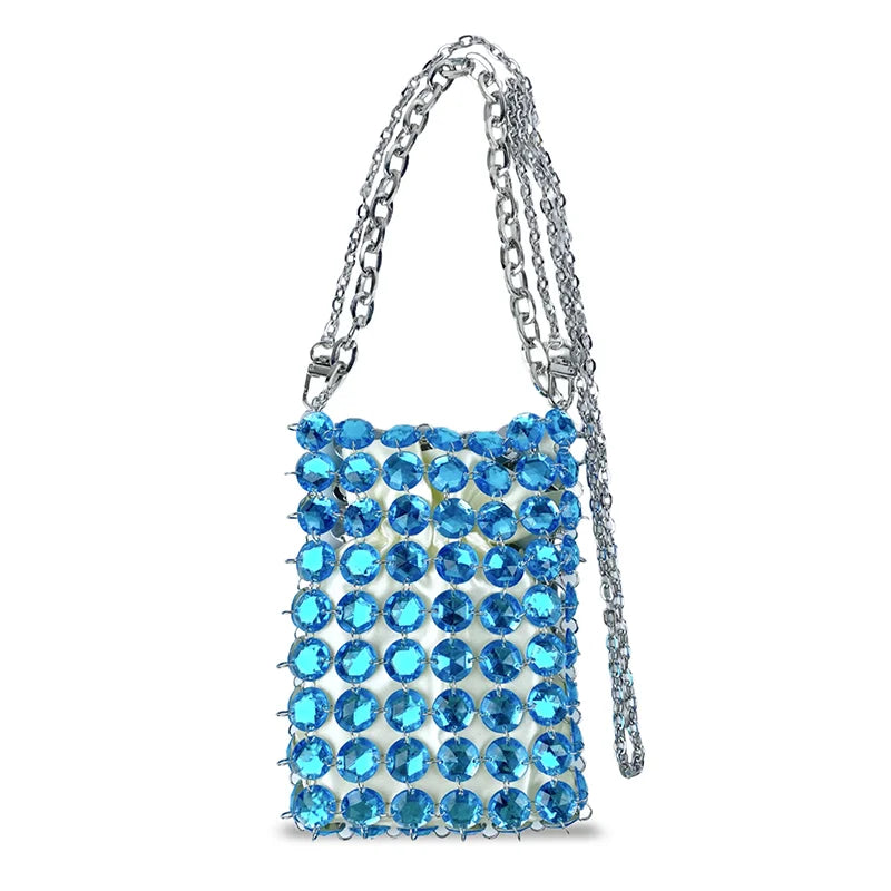 24 estate nuova borsa di cristallo tessuta a mano color caramella di nicchia, borsa di perline di fata retrò, borsa per telefono a croce diagonale trasparente