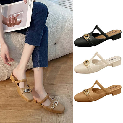 Modische Damen-Sommersandalen mit niedrigem Absatz, luxuriöse Retro-Metallschuhe für Damen, verschleißfeste tägliche Wanderpantoffeln