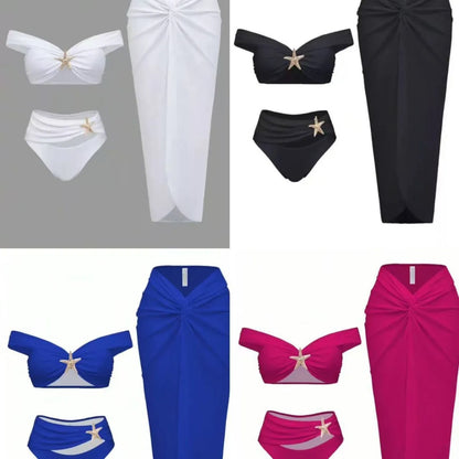 Damen Sexy Bikini Set Beachwear Metallic Seestern Bikini Falten Lange Röcke Dreiteilige Sets Hot Girl Urlaubsstil Badeanzug