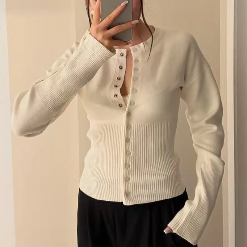 Maglione Aderente Sexy da Donna, Collo Tondo, Cardigan in Maglia con Bottoni Frontali, Manica Lunga, Top Streetwear