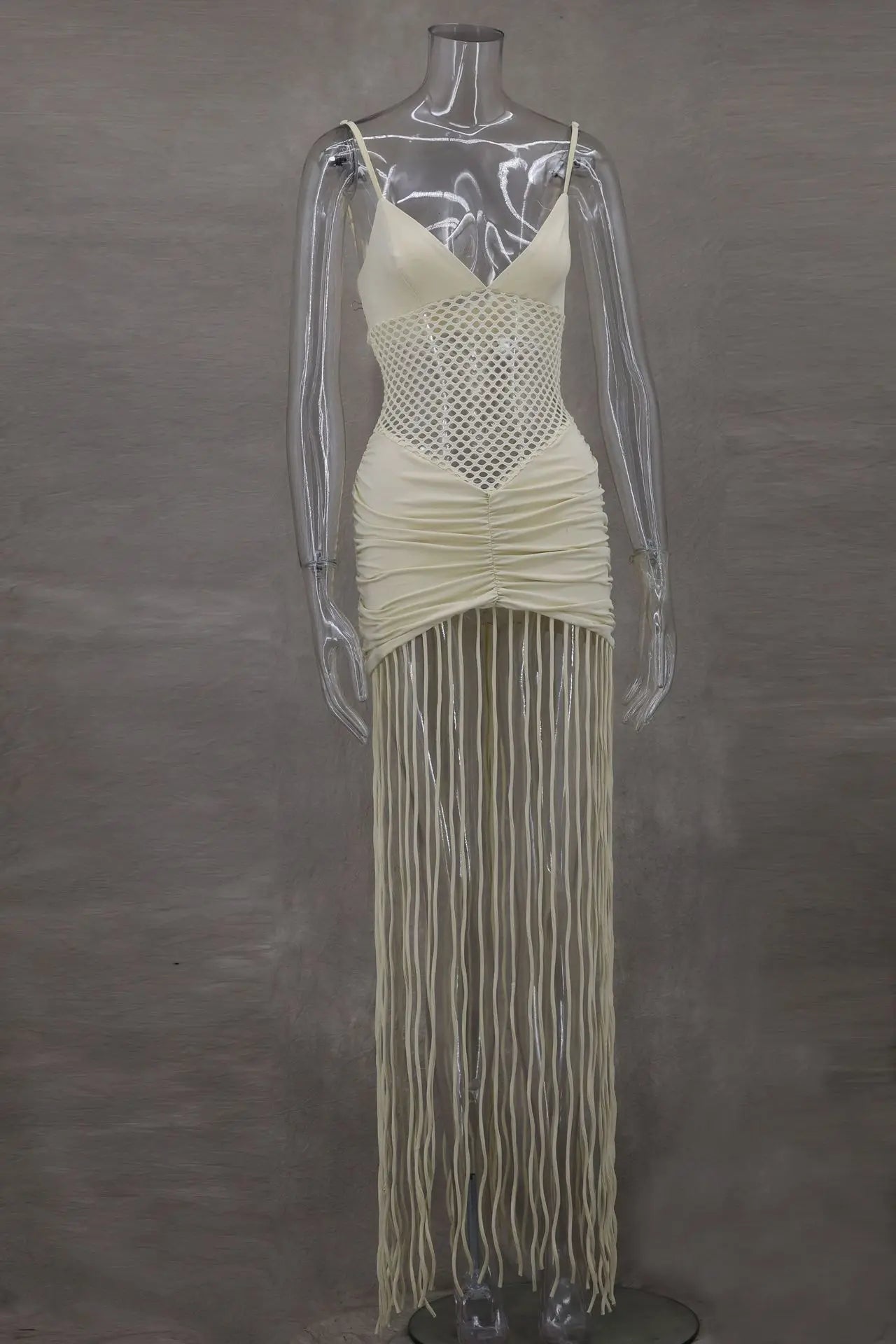 Abito con fionda con giunture sull'orlo con nappa Abito da donna sexy con vita scava fuori Abiti aderenti pieghettati elasticizzati Abito da spiaggia estivo solido femminile