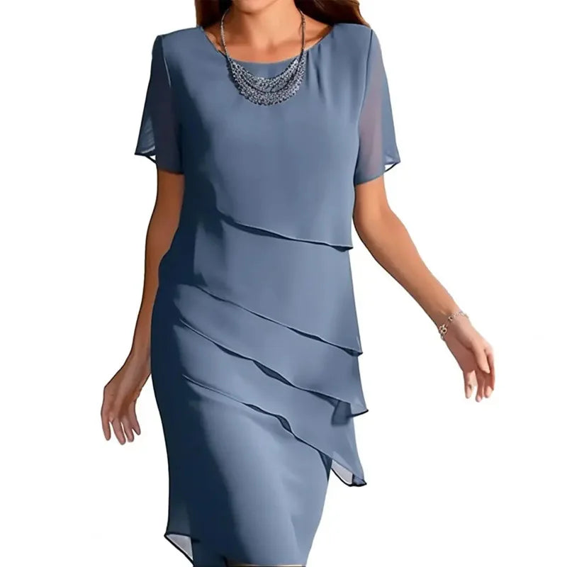 Abito da donna sottile con volant irregolare al ginocchio Abito da festa sottile estivo femminile in chiffon patchwork Abiti a maniche corte JYFS-1096