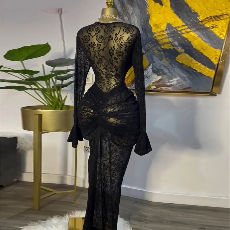 CM.YAYA Abito lungo aderente da donna a maniche lunghe in rete increspata trasparente con fodera 2025 Abiti da festa sexy per compleanno da sera autunnale