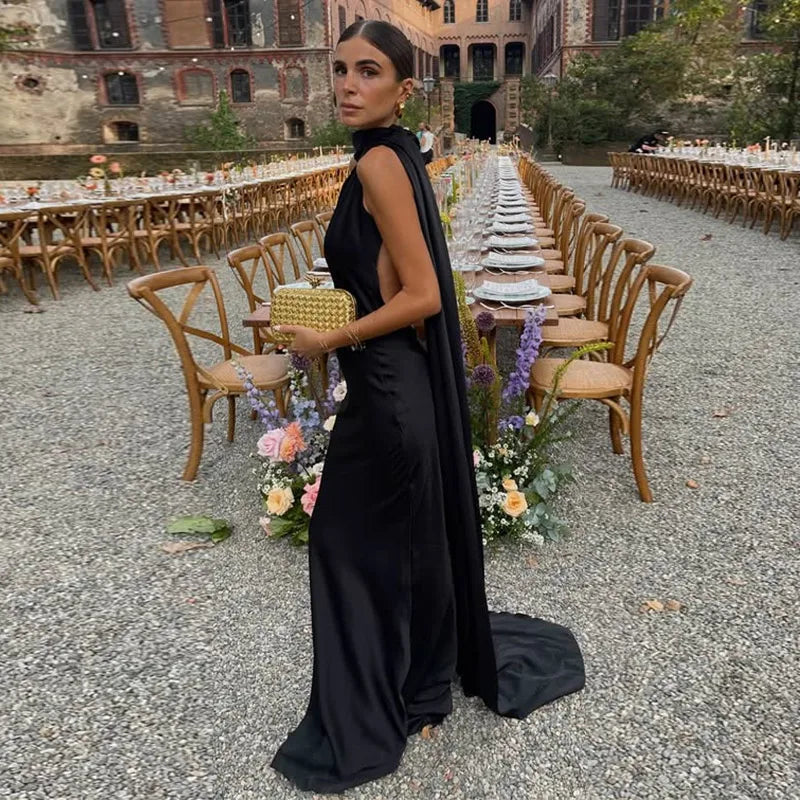 Abito Lungo Sexy Senza Maniche con Nastro, Elegante Vestito da Donna Slim in Raso con Schiena Scoperta e Lacci, Abito da Festa alla Moda 2026, Tinta Unita, per Vacanze, da Donna