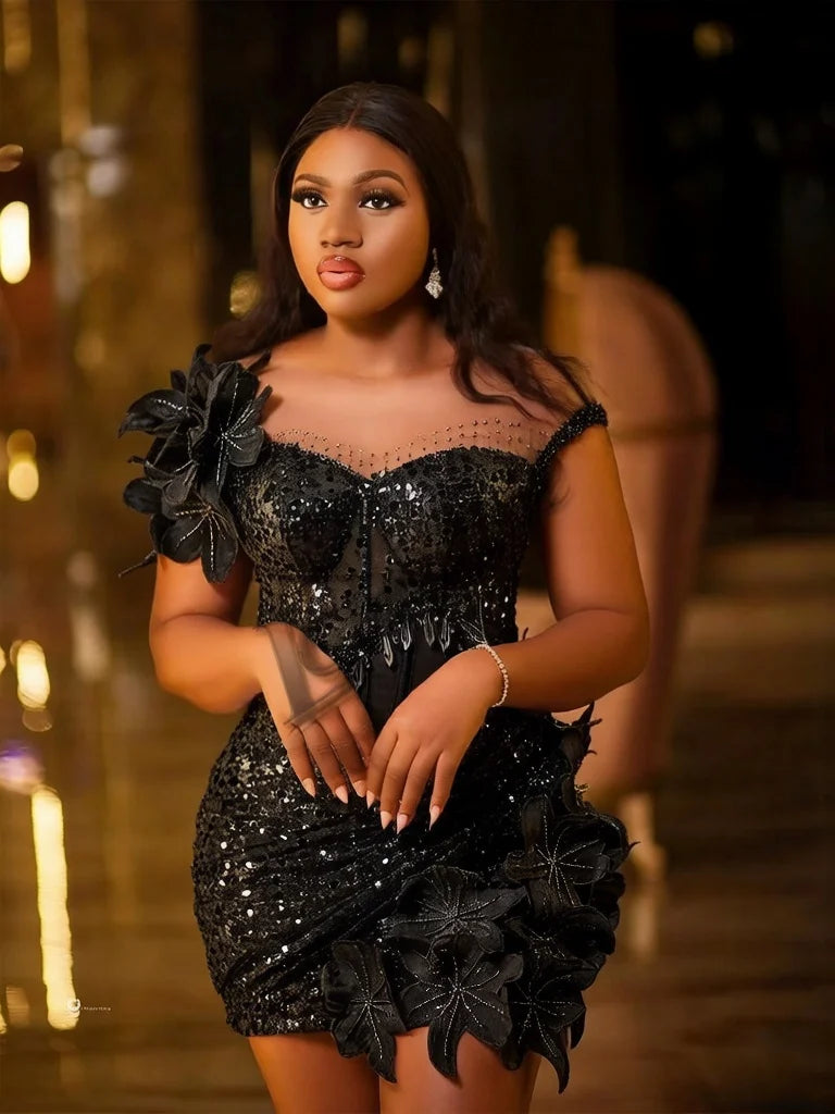 Caroline Bling Paillettes Abiti da ballo per le donne Pieghettato Fiori 3D Dubai Abito da sera formale Vestido De Formatura Personalizzato