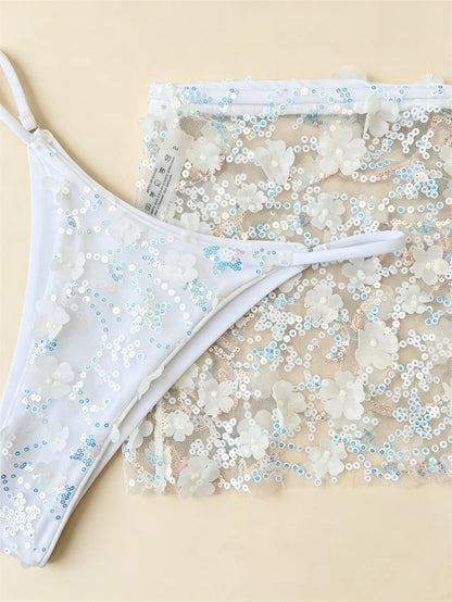 Costume da bagno a 3 pezzi con gonna in rete rosa con paillettes, reggiseno push-up e perizoma, stile brasiliano, per donna, ideale per le vacanze.