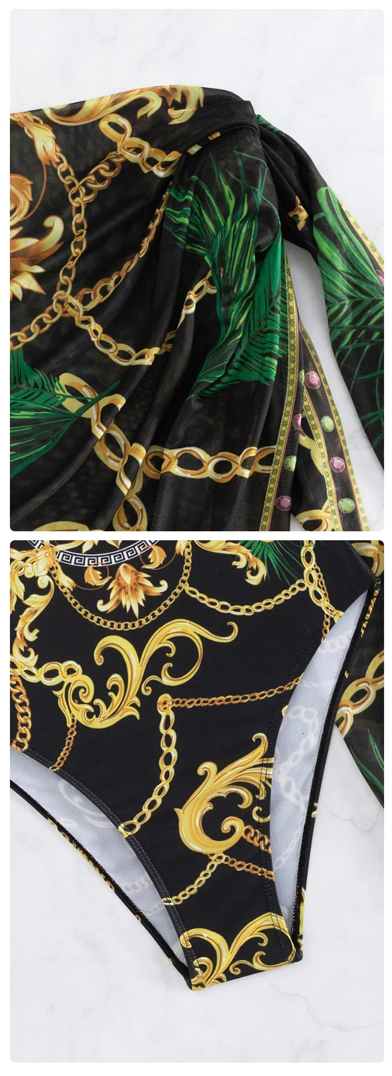 2025 Women One Piece Wired Monokini + Wrapped Skirt Black/Blue/Green Chain Printed Sexy Slim Fit Hanging Straps Hard Pack Bikini