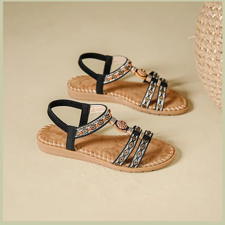 Elegante Damen-Sommersandale im Bohemian-Stil, rutschfest, bequem, für Alltag, Urlaub, flache Strandschuhe