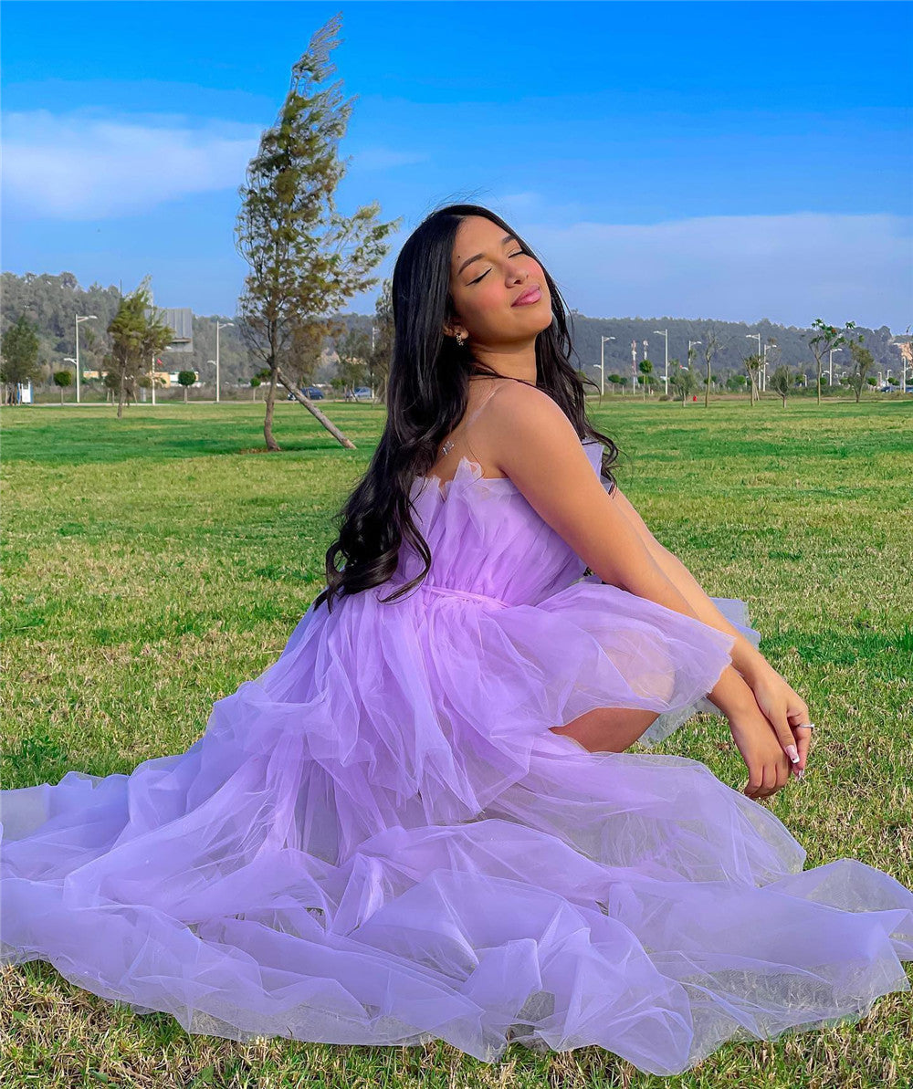 Elegante abito da cerimonia nuziale in tulle a rete per donna senza spalline con spalle scoperte abiti da sera a vita alta abiti da ballo per occasioni formali