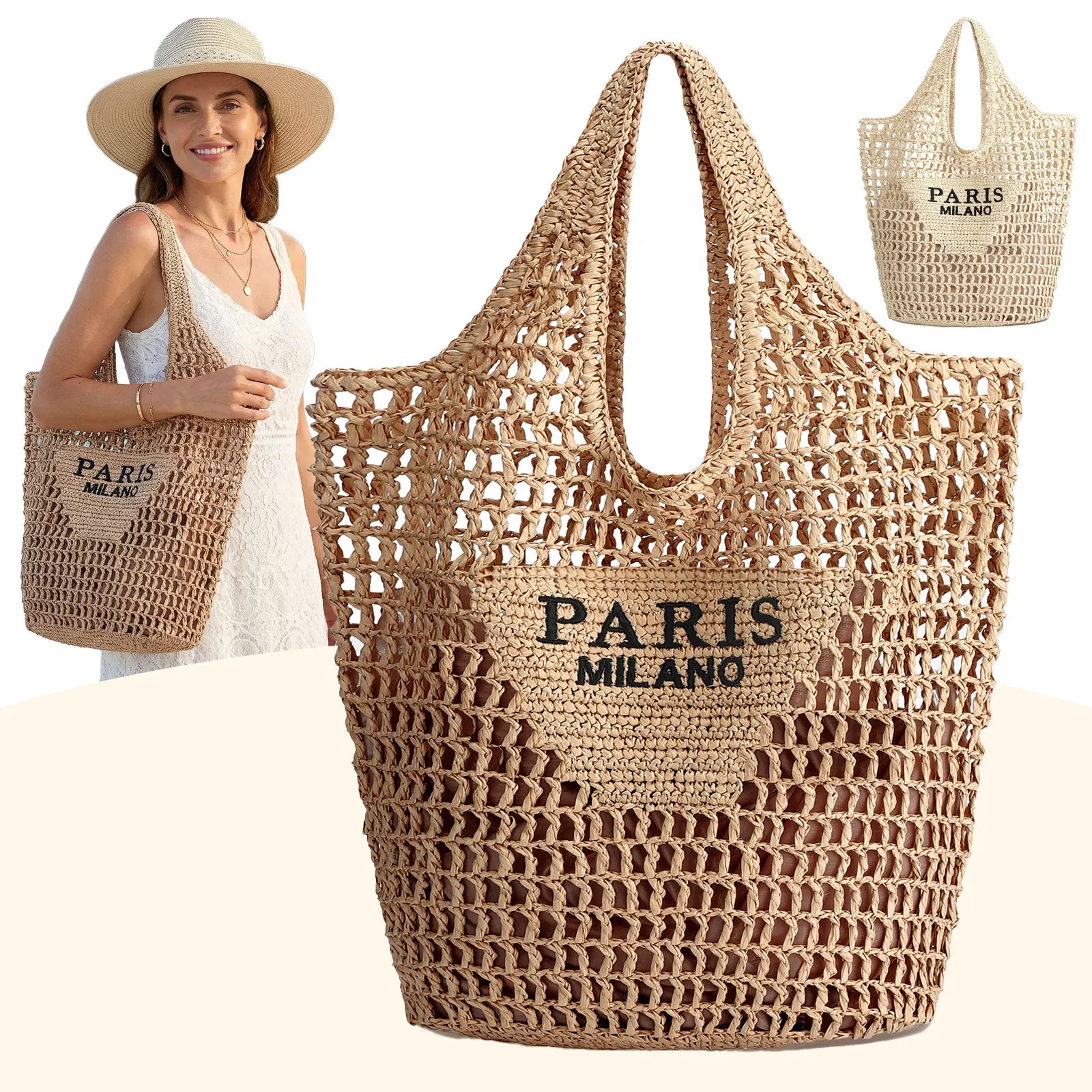 Borse da Spiaggia in Paglia per Donne - Borsa Intrecciata Artigianale, Borsa a Tracolla Estiva in Rete Traforata per Vacanze