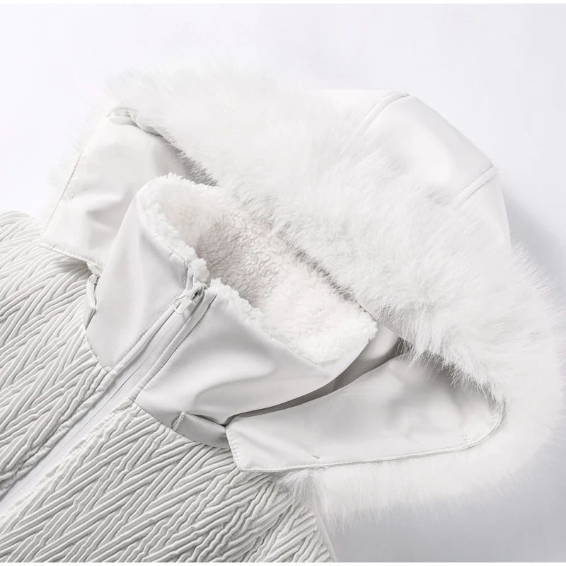 Tuta da sci bianca chic con cappuccio da donna con cintura in vita Calda tuta da neve monopezzo antipioggia Sport invernali Moda Lady Snowsuit