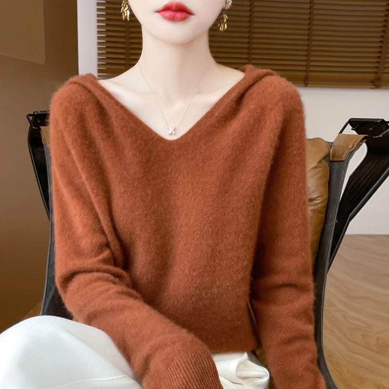 Abbigliamento donna autunno inverno colletto con cappuccio pullover maglione di lana merino 100% nuova moda top in cashmere che tocca il fondo maglieria morbida