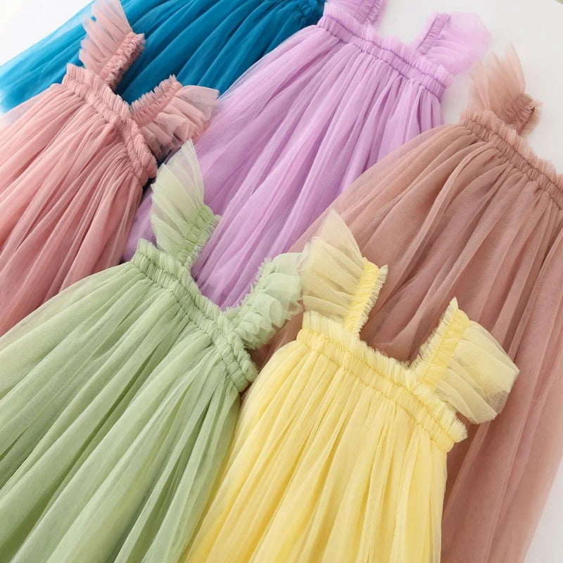 Nuova estate bambini ragazza vestito fionda senza maniche colletto quadrato tinta unita maglia principessa abiti da spiaggia bambino abbigliamento casual E2200