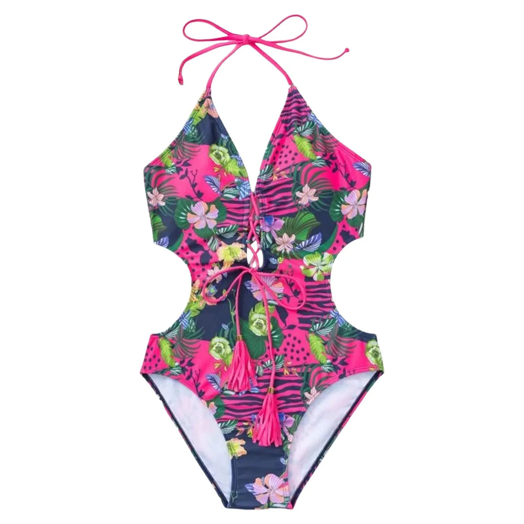 Women'S One-Piece Swimsuit With Crossed Ropes Tassels Chest Waist Cinching Swimwear Suits Backless Buckle Bikini For Women