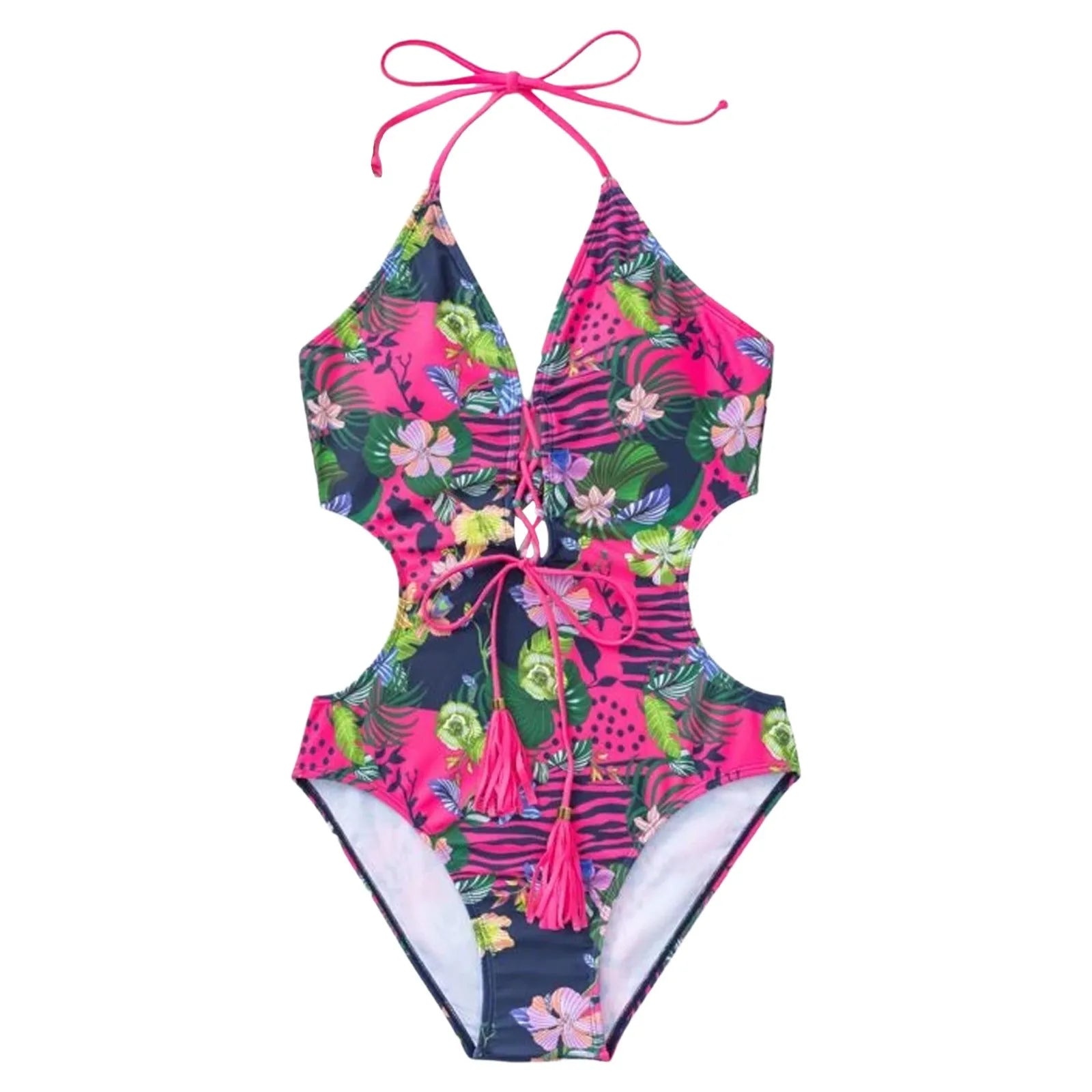 Women'S One-Piece Swimsuit With Crossed Ropes Tassels Chest Waist Cinching Swimwear Suits Backless Buckle Bikini For Women
