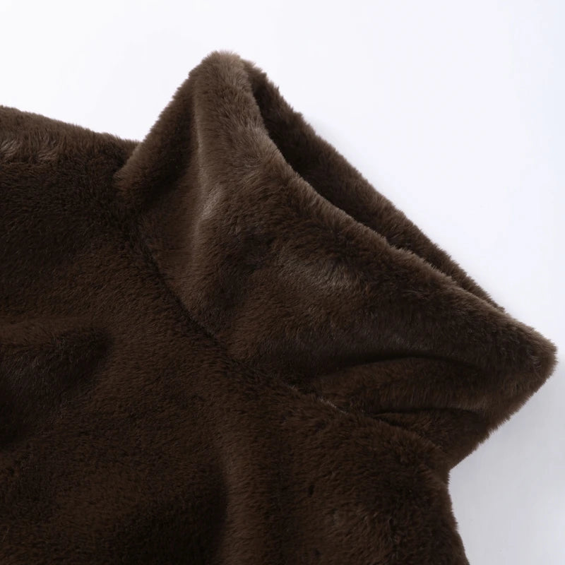 Cappotto da donna in pelliccia sintetica marrone con cappuccio Giacca da tasca a maniche lunghe di lusso oversize Lady 2025 Autunno Inverno Chic Street Capispalla