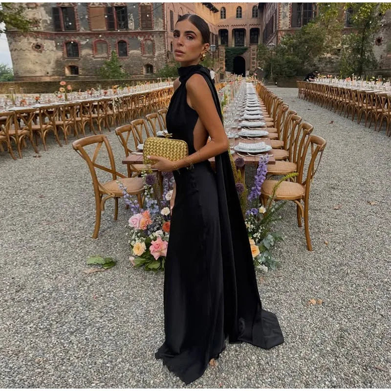 Elegante Abito Lungo da Festa in Raso con Nastro, Vestito Femminile Senza Maniche con Schiena Scoperta, Abiti Chic da Sera Primavera-Estate 2026