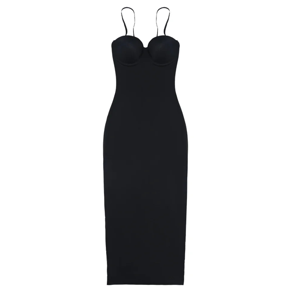 Becirzet Abiti da donna Sexy Girl Push Up Dimagrante Modellamento del corpo Controllo della vita Abito lungo da sera senza schienale con spacco all'americana nero
