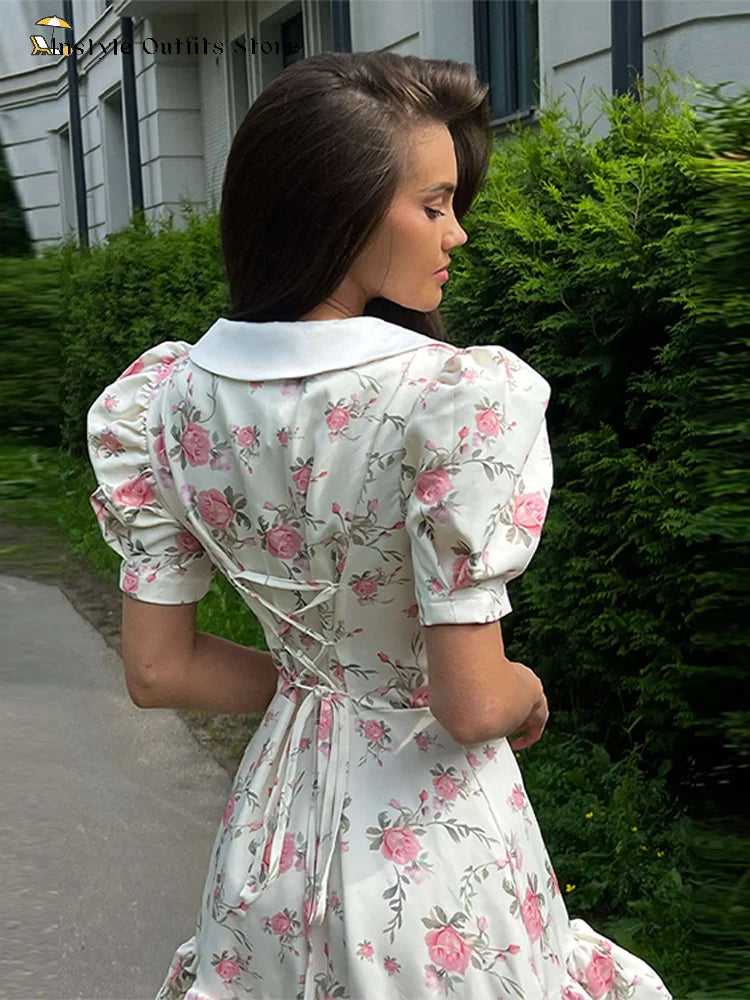 Mini abito con stampa casual Lady Summer Slim bottoni con risvolto Abiti a strati a trapezio Donna Manica corta Abito da vacanza Festa femminile Dolce