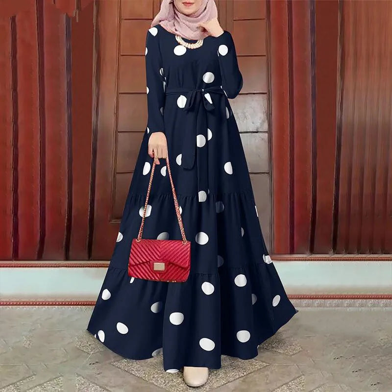 Vestito da donna Eid musulmano Abaya manica lunga O collo Dubai Abaya Ramadan marocco cintura con stampa impiombata abito lungo caftano Casual allentato