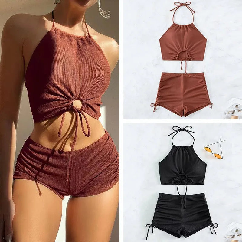 Maillot de bain femme européen et américain couleur unie bretelles bikini cou suspendu maillot de bain fendu sexy style fille épicée cordon de serrage