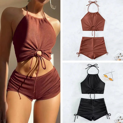 Maillot de bain femme européen et américain couleur unie bretelles bikini cou suspendu maillot de bain fendu sexy style fille épicée cordon de serrage