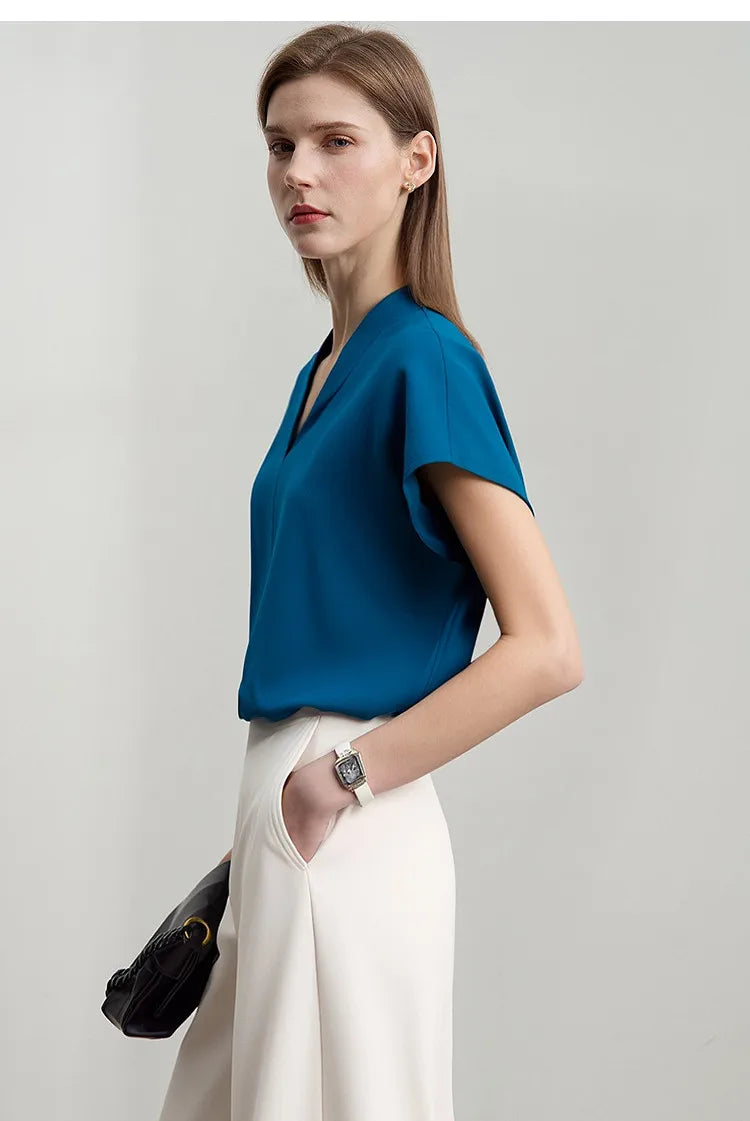 AMII Minimalism 2026 T-shirt Estiva da Donna Stile Classico Casual Scollo a V Manica Corta Tinta Unita Elasticizzata Top e Magliette Femminili 12312013