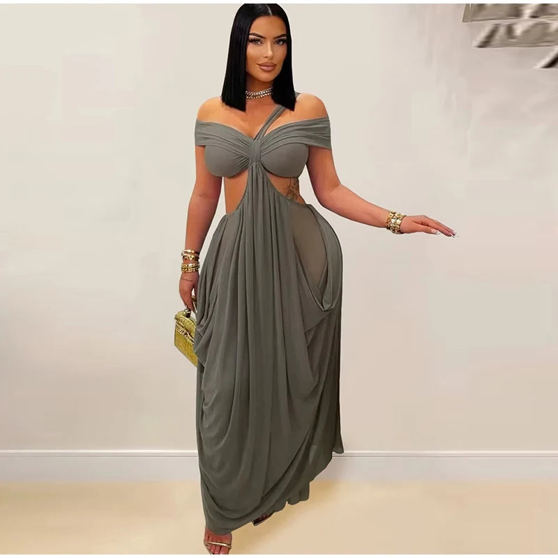 Abito lungo da spiaggia sexy da donna scava fuori senza schienale piega una linea abiti femminili 2025 moda estiva chic abiti a vita alta solidi