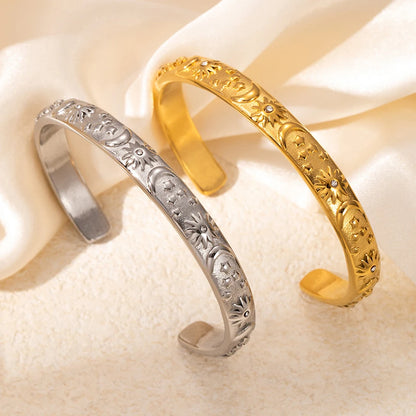 Bracciale rigido classico in acciaio inossidabile con stella lunare e sole, eleganti braccialetti aperti in metallo per le donne, regalo per feste