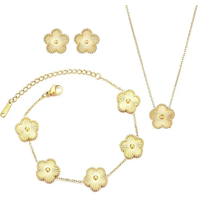 3 pezzi in acciaio inossidabile 316L di lusso fiore di pruno pianta a cinque foglie fiore collana orecchini braccialetto per le donne set di gioielli regalo