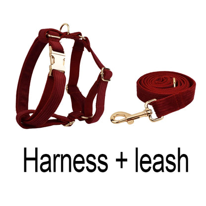 Set Collare e Guinzaglio per Cani in Corduroy Rosso Vino con Targhetta Personalizzata Incisa, Accessori per Animali Domestici