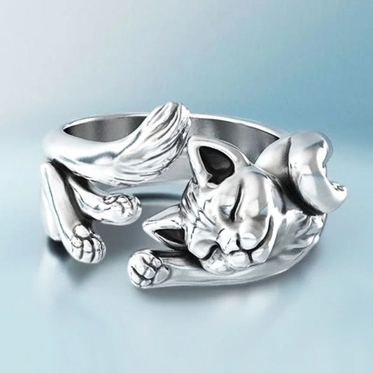 Anelli di apertura a forma di gatto della fortuna carina per le donne Colore argento Vintage rana rospo animale delicato anello di barretta ragazza gioielli di moda